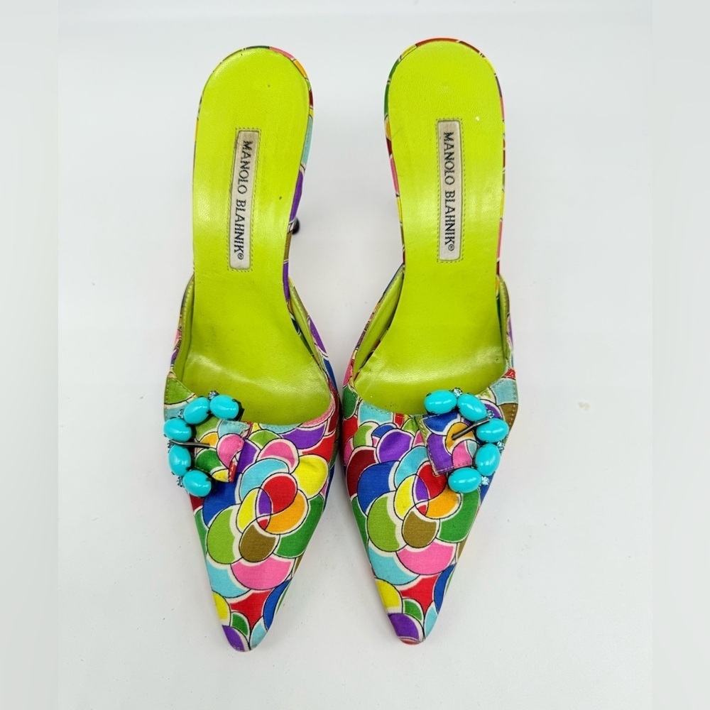 Manolo Blahnik Blue Green Multicolor Atomica Turquoise Buckle Mule pumps EU 37 - Picture 2 of 9